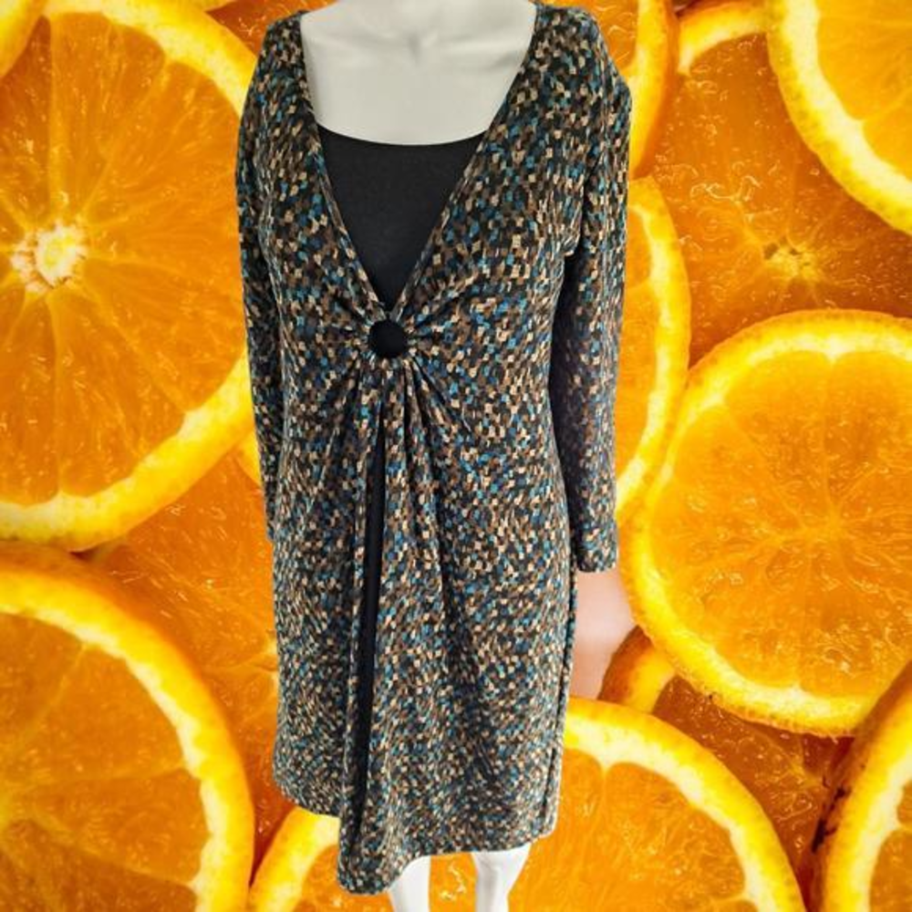 Connected‎ Petite Blue, Brown and Black Square Dress Size 14P